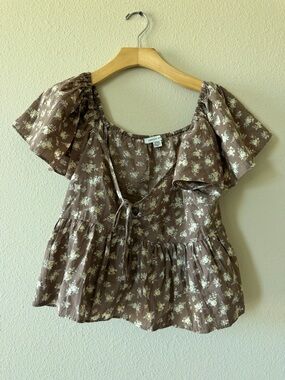 American Eagle Outfitters Brown Floral Tie-Front Blouse with Cream Flowers